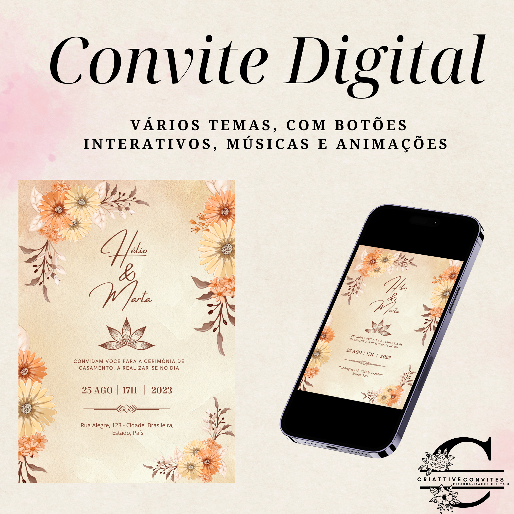 Convite digital simples Tema: Casamento floral