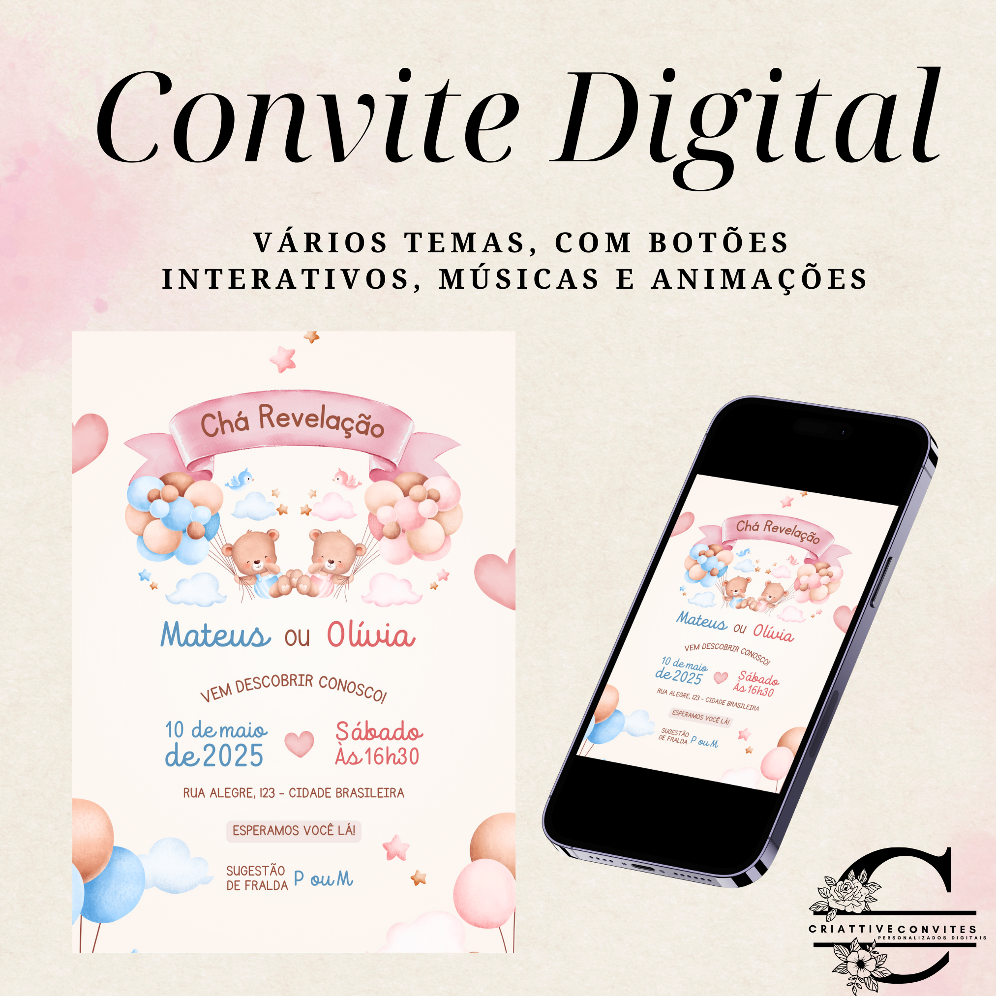 Convite digital interativo Tema: Chá revelação ursos