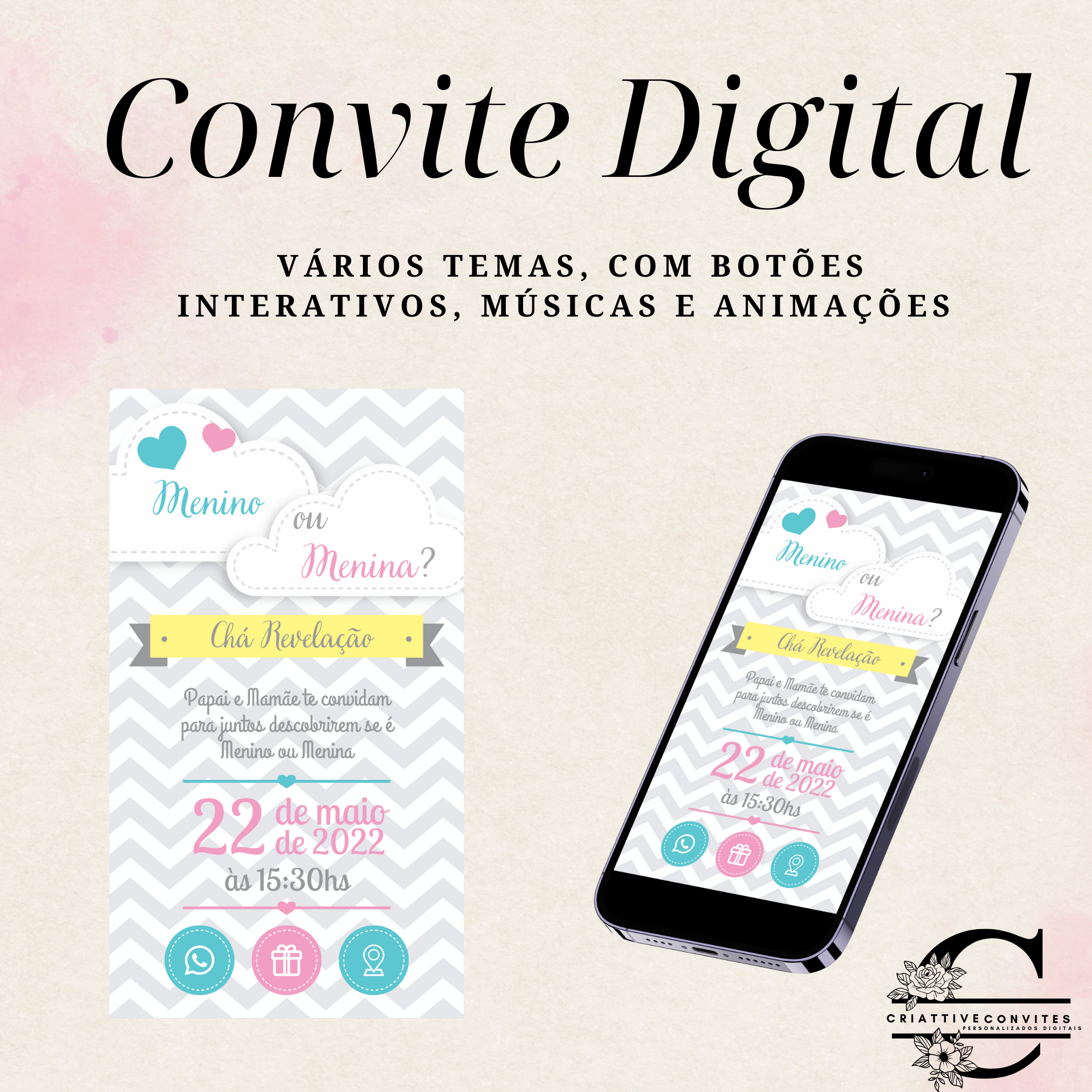 Convite digital interativo Tema: Chá revelação nuvens