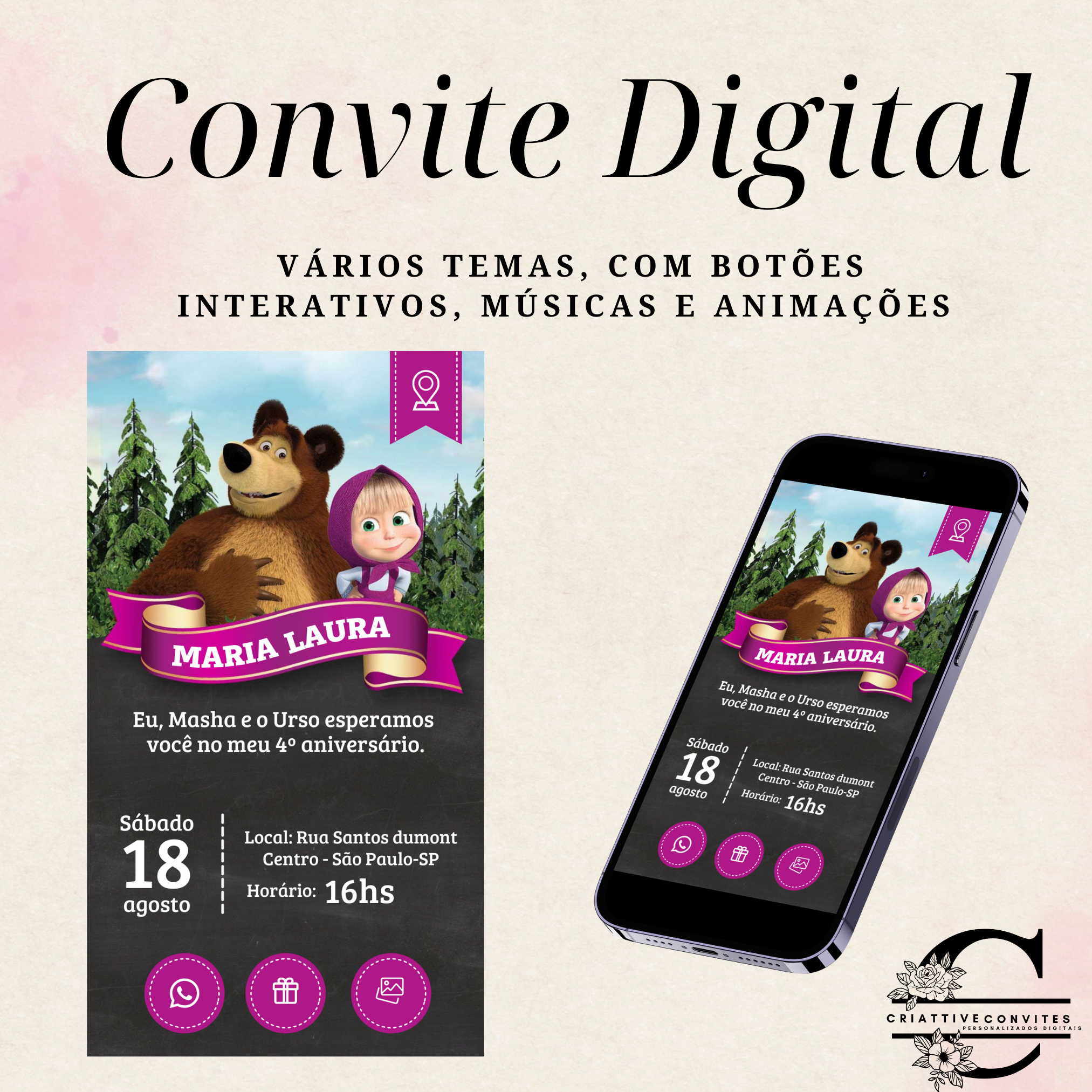 Convite digital interativo Tema: Aniversário Masha e o usrso